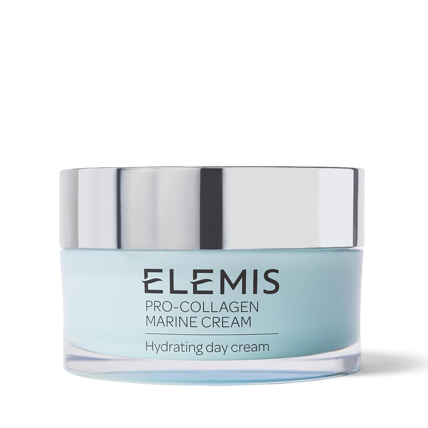 Elemis Pro-Collagen Marine Cream, shown in a light blue jar with a silver lid, designed as a hydrating day cream to improve skin firmness and elasticity.
