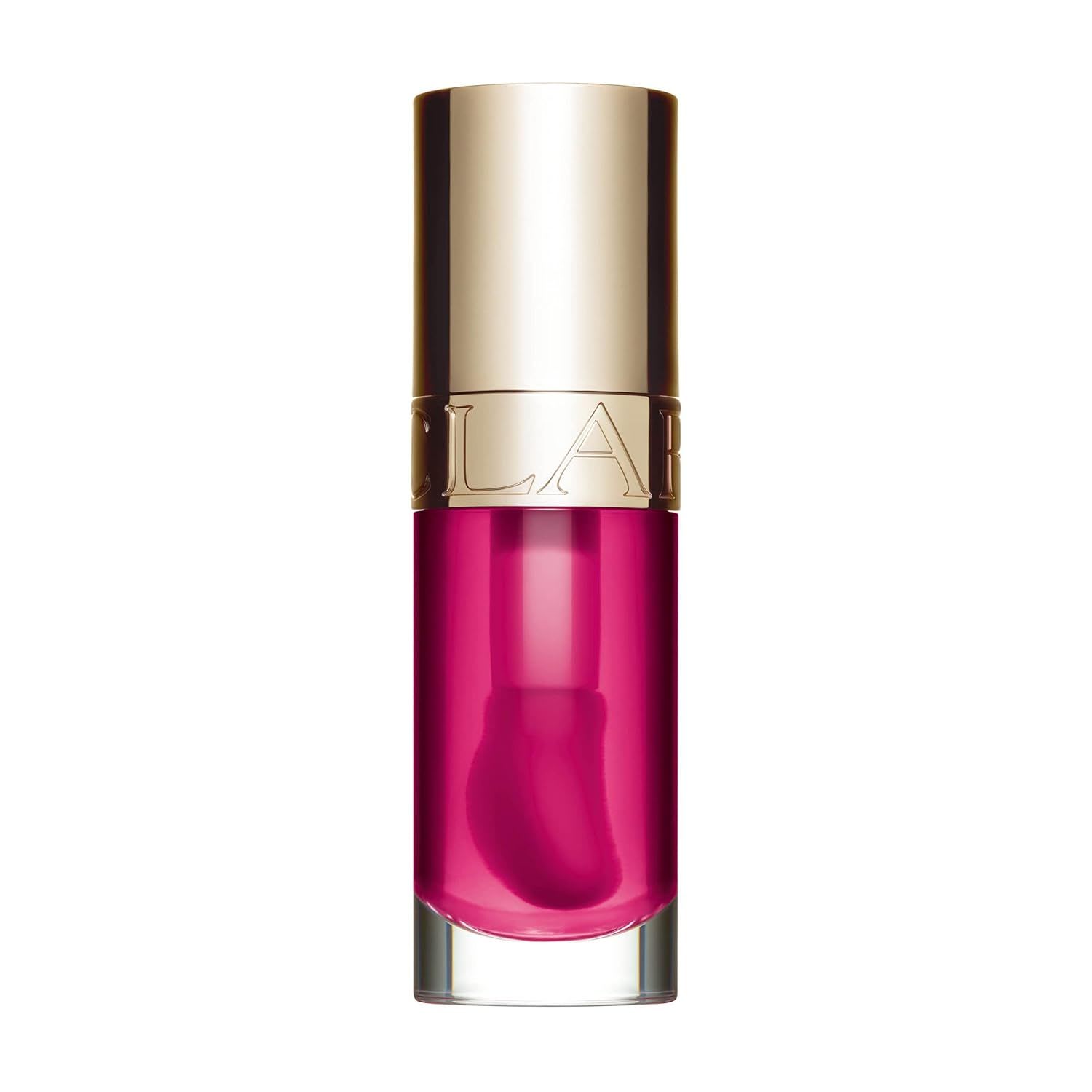 Clarins lip oil in a vibrant pink shade, shown in a glossy tube with a gold cap, designed to nourish lips while adding a high-shine tint.