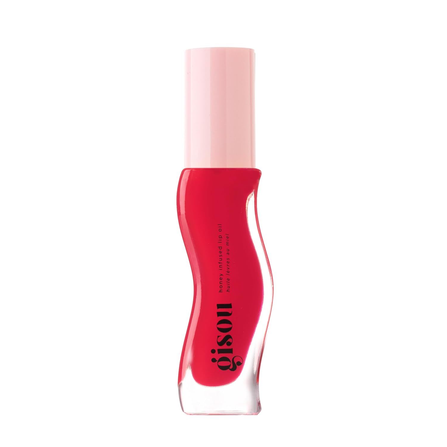 Gisou Honey Infused Lip Oil in a sheer red tint, shown in a sculpted bottle, designed to hydrate and add a natural glossy finish to the lips.