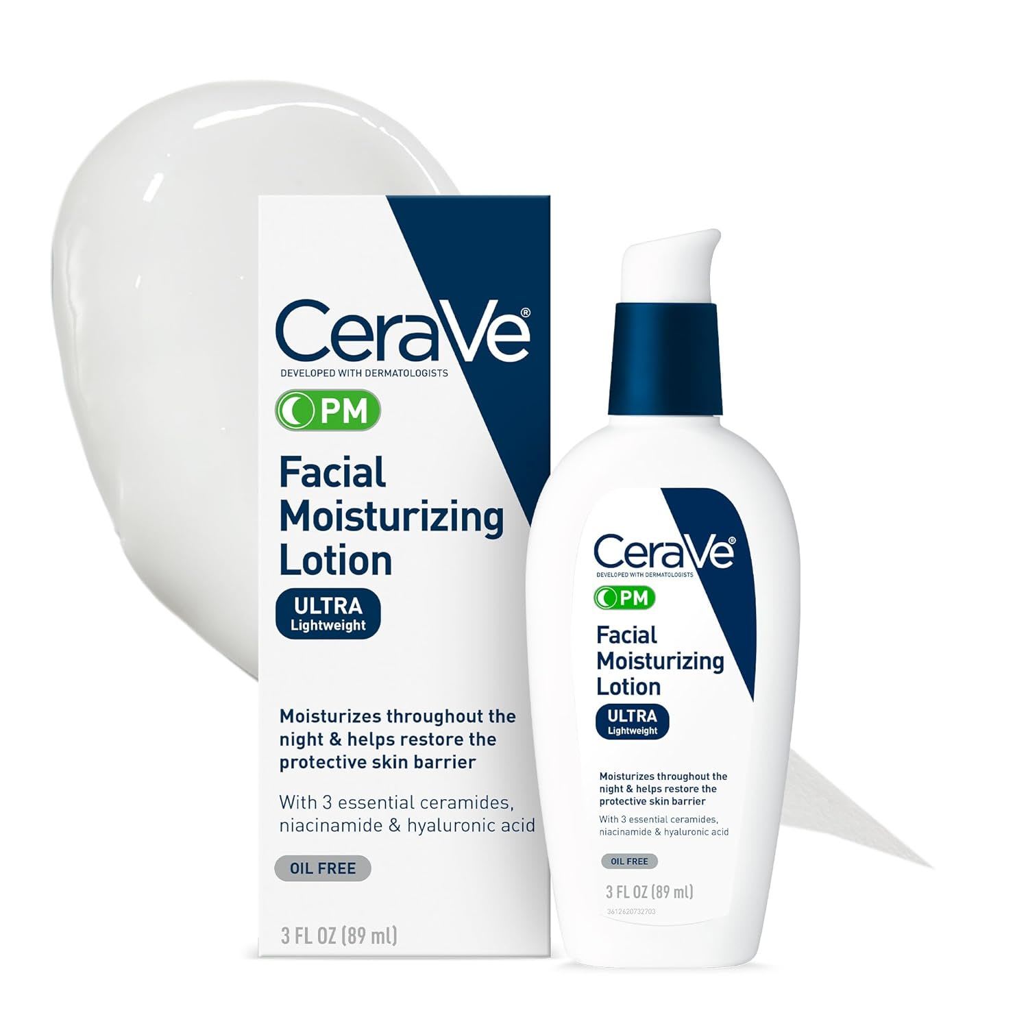 CeraVe PM Facial Moisturizing Lotion, shown with packaging and bottle, designed as a lightweight nighttime moisturizer to hydrate and support the skin barrier.
