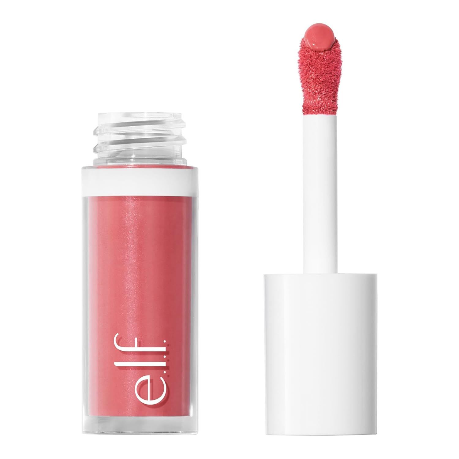 e.l.f. liquid blush in a soft coral-pink shade, shown in a clear tube with a doe-foot applicator, designed for a dewy, natural flush.