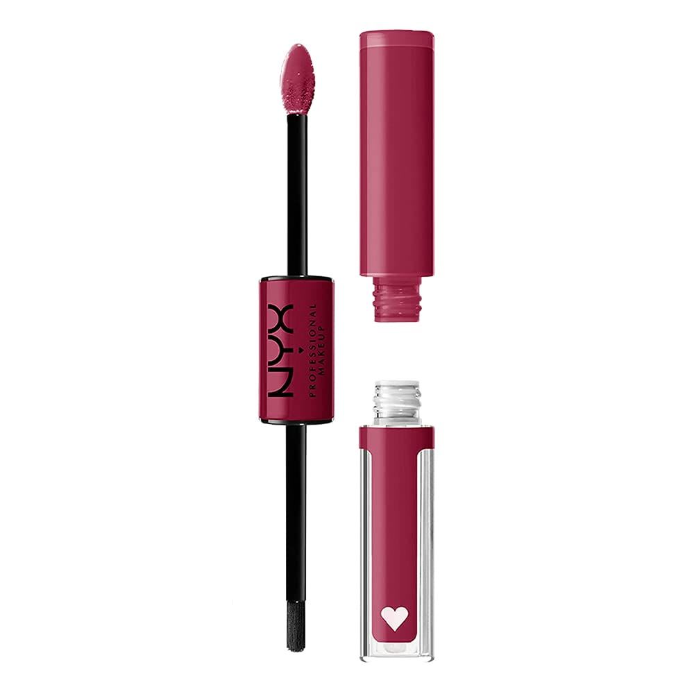 NYX dual-ended lip product featuring a liquid lipstick and gloss topper in a rosy pink shade, shown with applicator for long-lasting color and added shine.