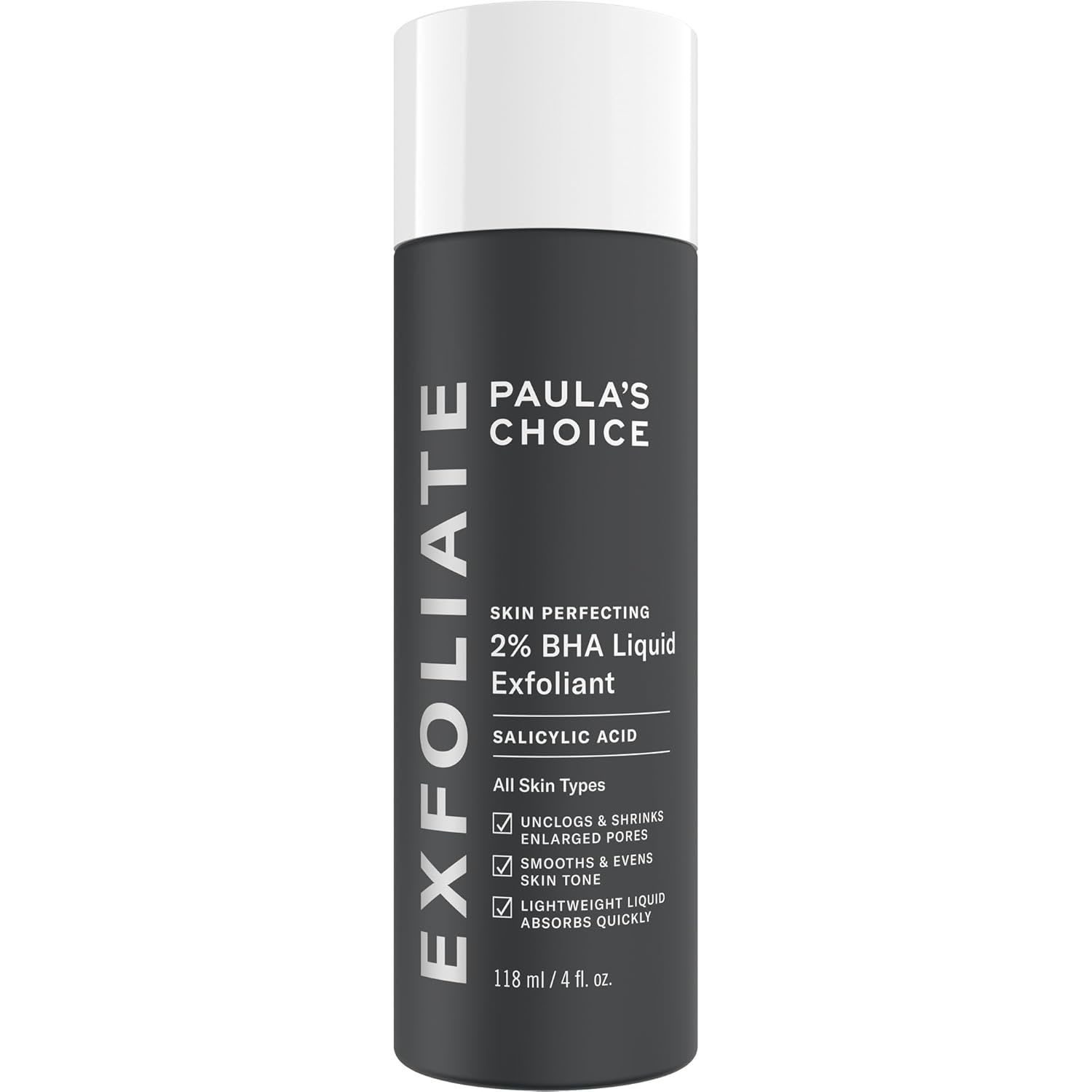 Paula’s Choice Skin Perfecting 2% BHA Liquid Exfoliant, shown in a sleek gray bottle, formulated with salicylic acid to unclog pores and smooth skin.
