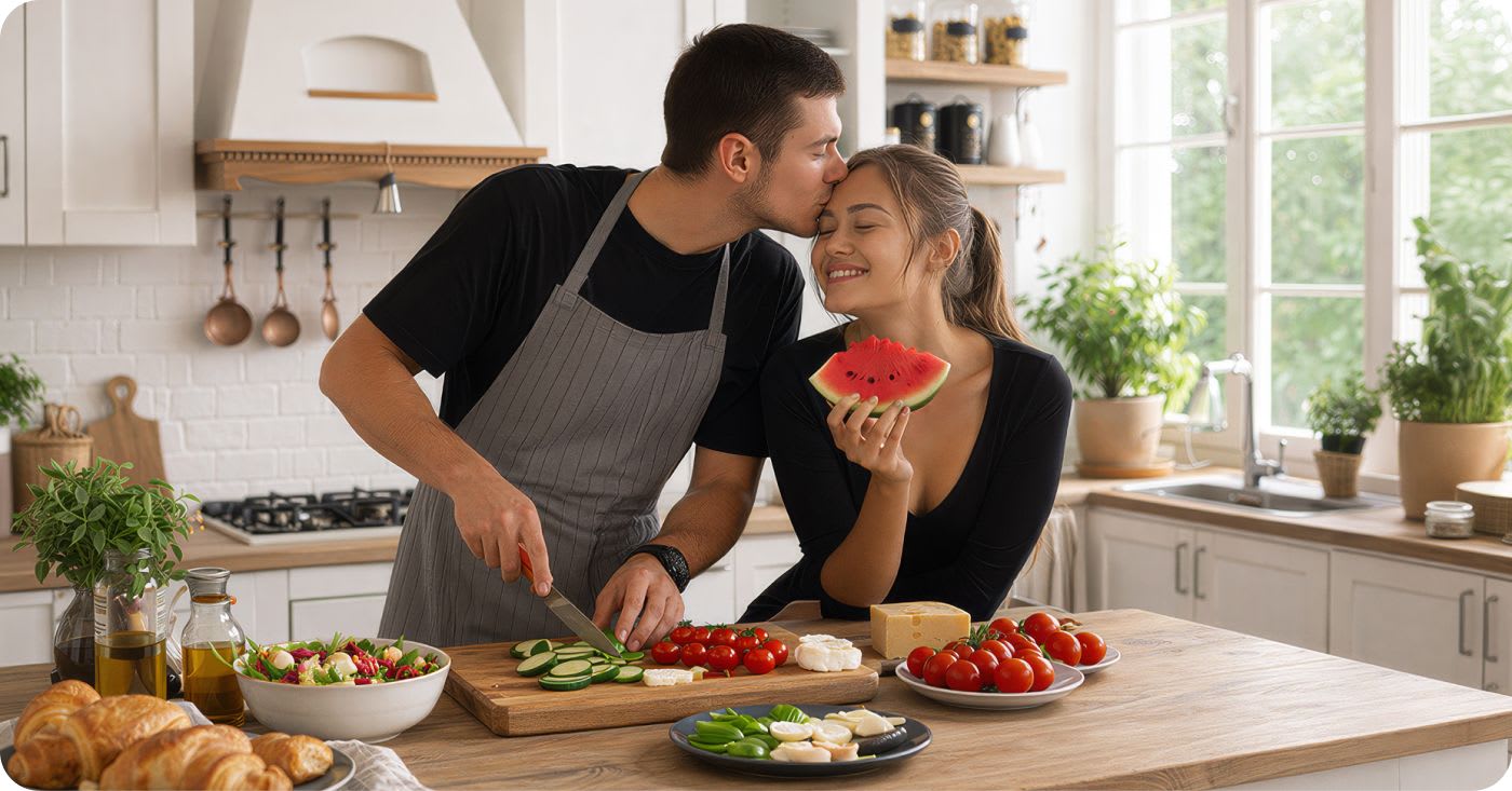 Couple in a bright kitchen preparing food together, with a man chopping vegetables while kissing a smiling woman on the forehead as she holds a slice of watermelon, surrounded by fresh ingredients on the counter.