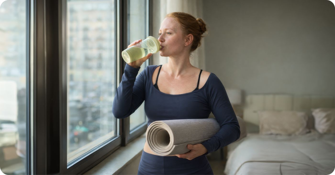 Woman in activewear drinking water from a bottle while holding a rolled yoga mat, standing by a window in a softly lit home setting, highlighting hydration and a healthy lifestyle routine.