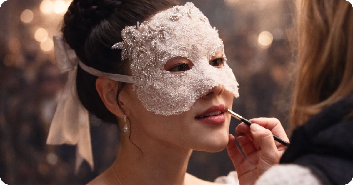 Close-up of a woman wearing an ornate white lace mask with pearl-like embellishments, while a makeup artist applies lip color with a brush, set in a softly lit, elegant setting with warm glowing lights.