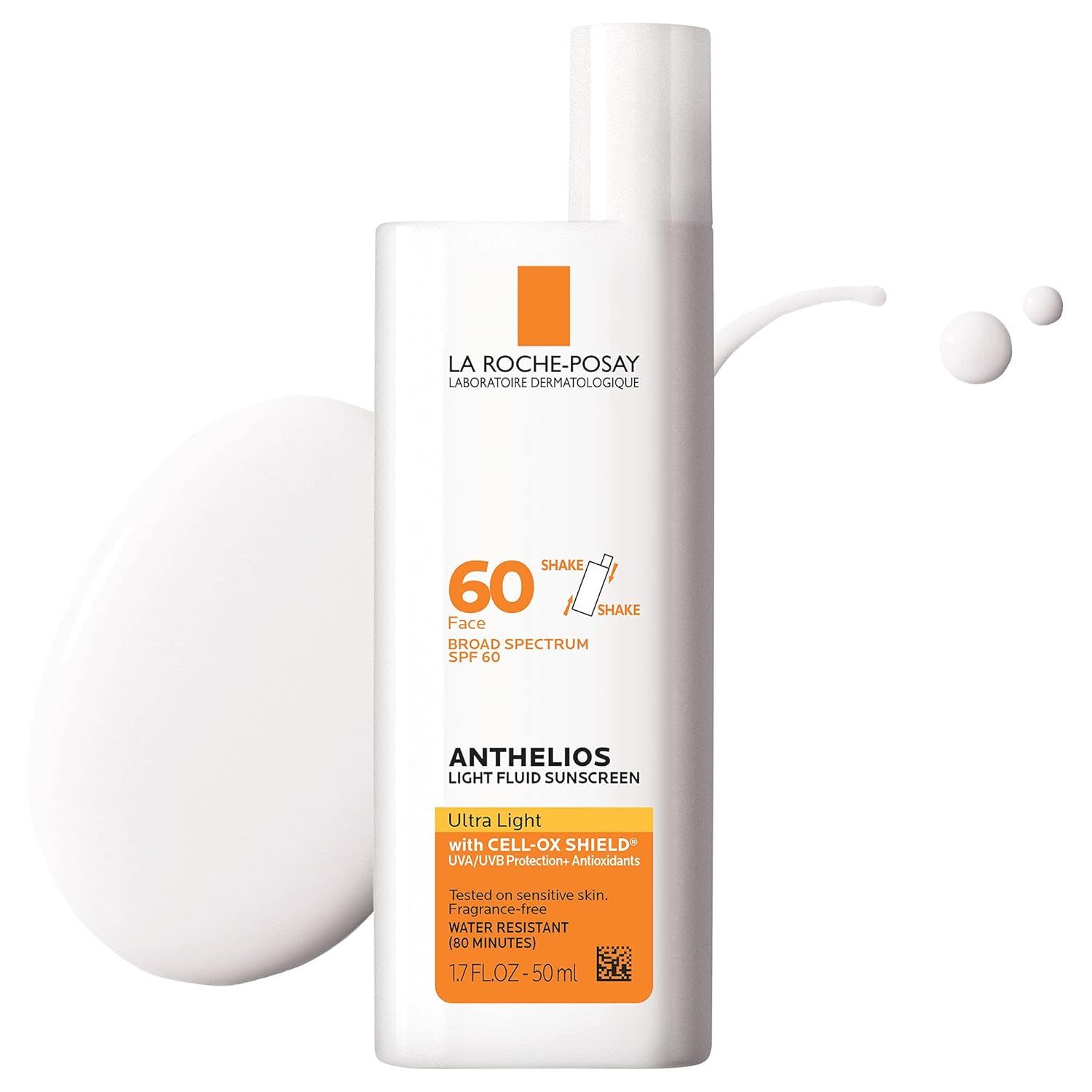 La Roche-Posay Anthelios Light Fluid Sunscreen SPF 60 bottle with a white product swatch.