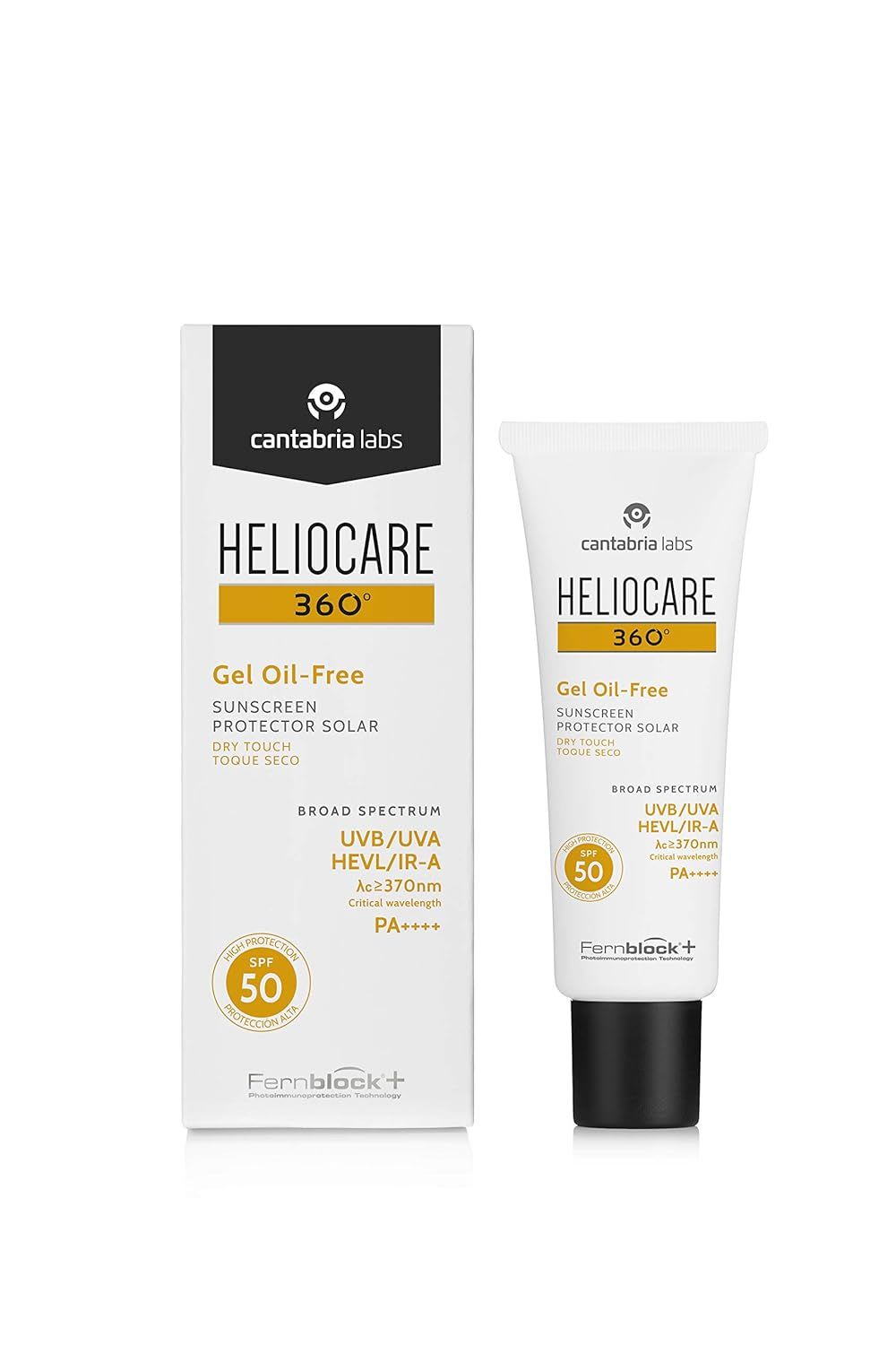 Heliocare 360° Gel Oil-Free SPF 50 sunscreen tube and box with Fernblock+ technology label.