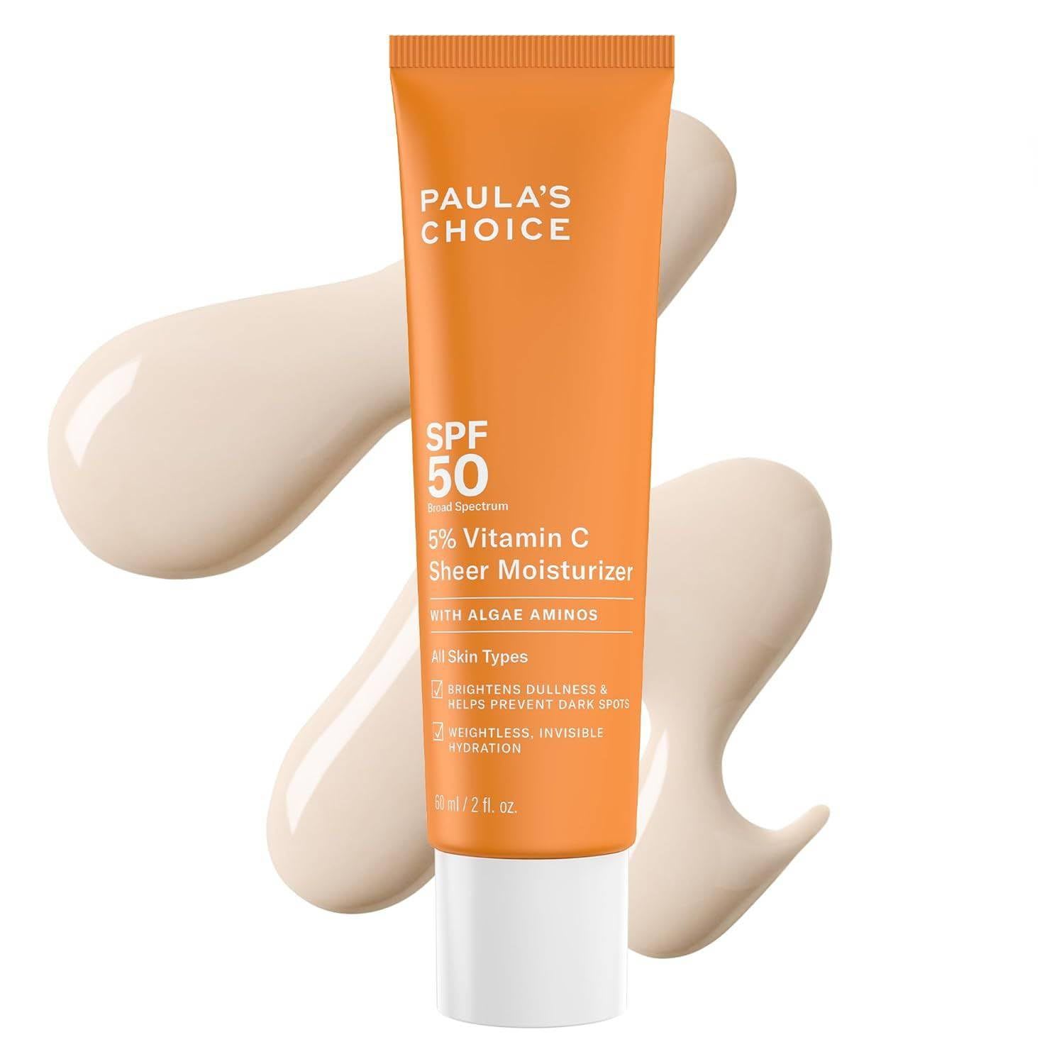 Paula's Choice SPF 50 5% Vitamin C Sheer Moisturizer orange tube with a beige product swatch.