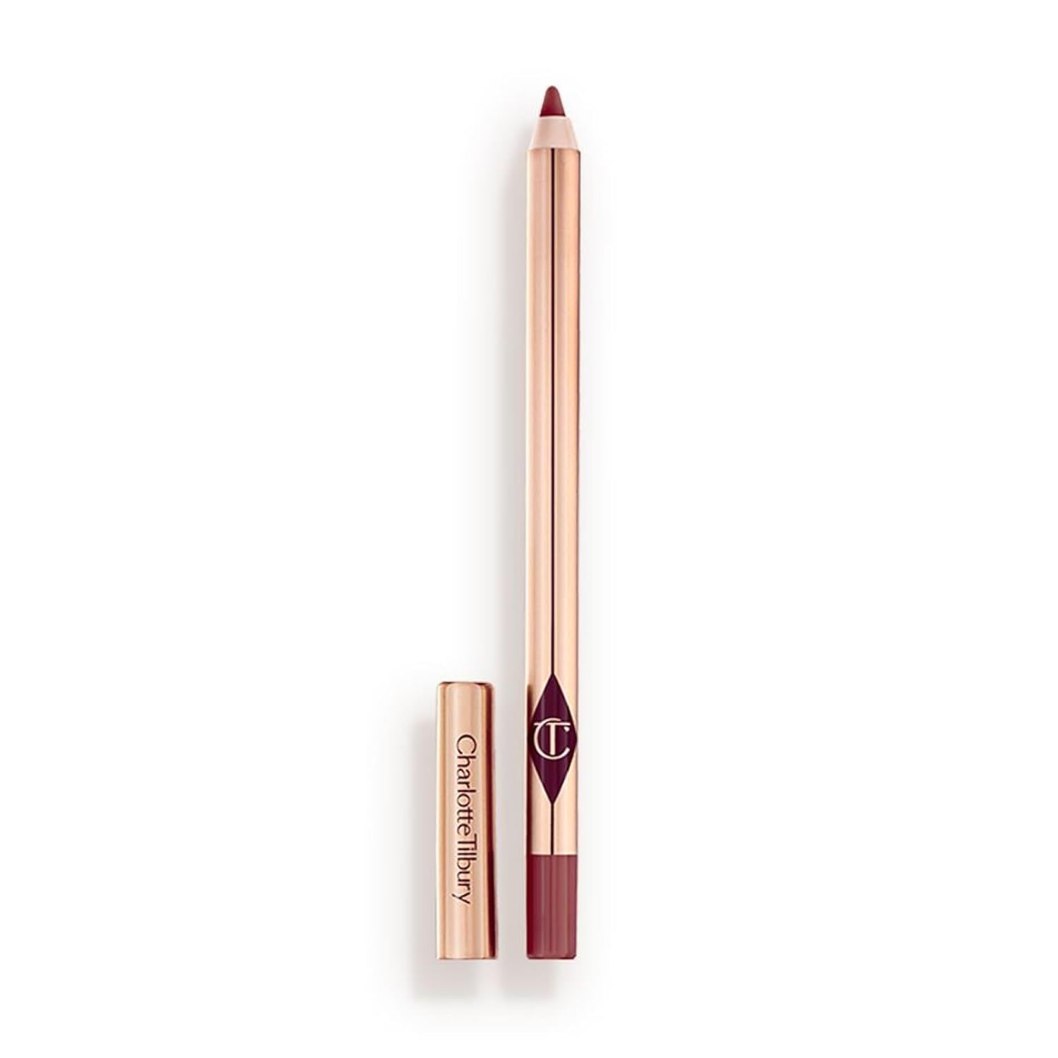 Charlotte Tilbury lip liner pencil in a muted rose shade, shown in a sleek rose gold design with matching cap, displayed against a clean white background.