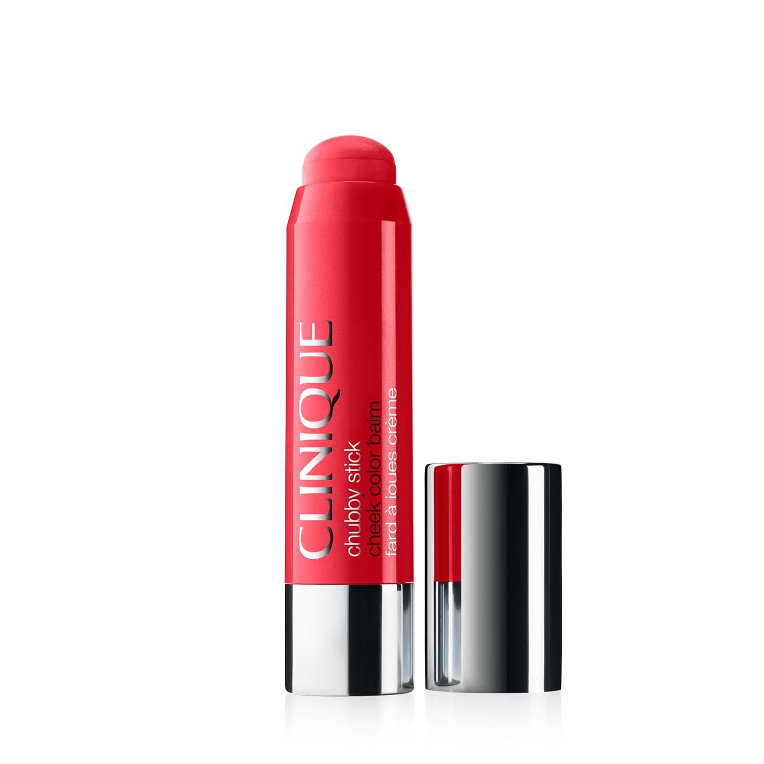 Clinique Chubby Stick Cheek Colour Balm in a vibrant coral-red shade, shown in a twist-up stick format with a silver cap, with a matching cream blush swatch behind it on a clean white background.