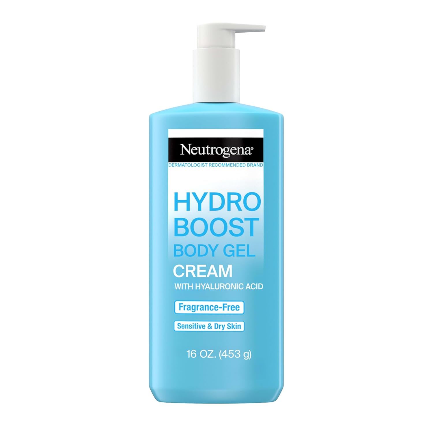 Neutrogena Hydro Boost Body Gel Cream with hyaluronic acid, shown in a blue pump bottle labeled fragrance-free for sensitive and dry skin, displayed against a clean white background.