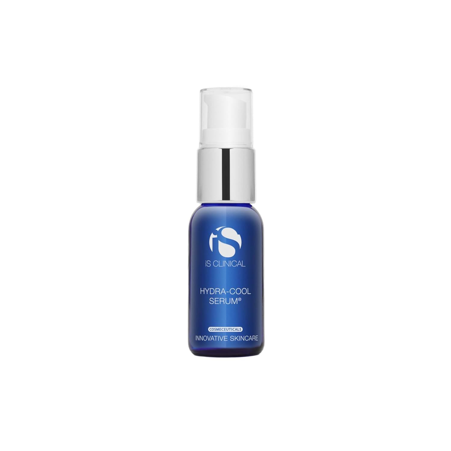 iS Clinical Hydra-Cool Serum, shown in a blue glass bottle with a silver pump and clear cap, displayed against a clean white background.