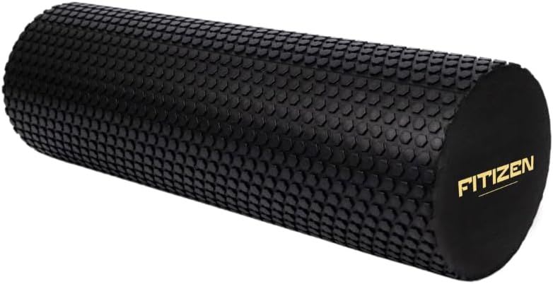 Black textured foam roller labeled “FITIZEN,” designed for muscle recovery, massage, and myofascial release.