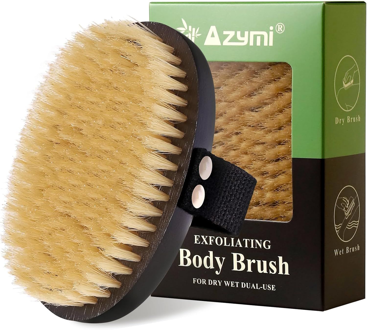 Azymi exfoliating body brush with natural bristles, shown with a hand strap and packaging indicating dry and wet use, designed for body exfoliation and dry brushing.