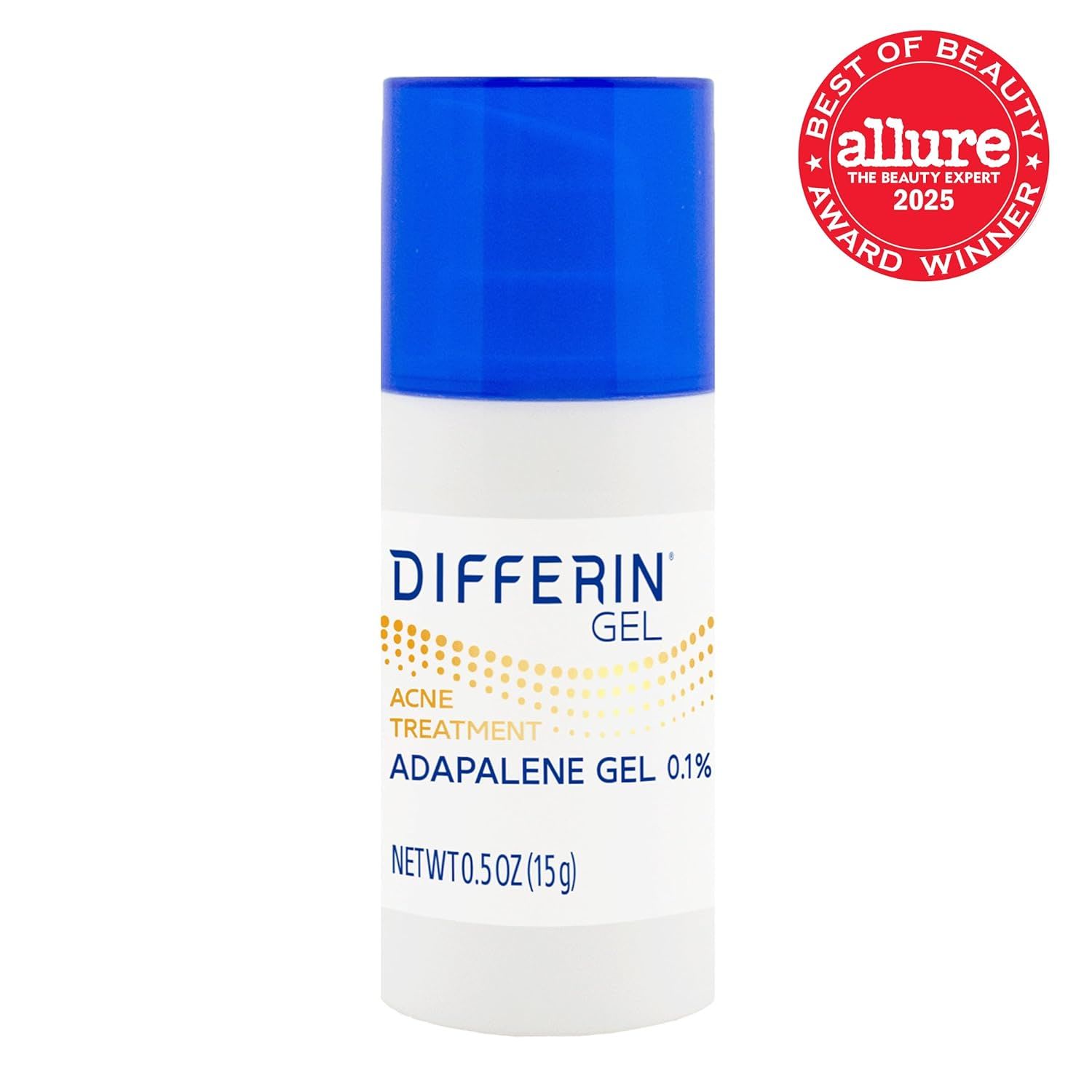 Differin Gel adapalene 0.1% acne treatment, shown with its blue packaging box and white tube, highlighting a dermatologist-developed topical retinoid for daily use.