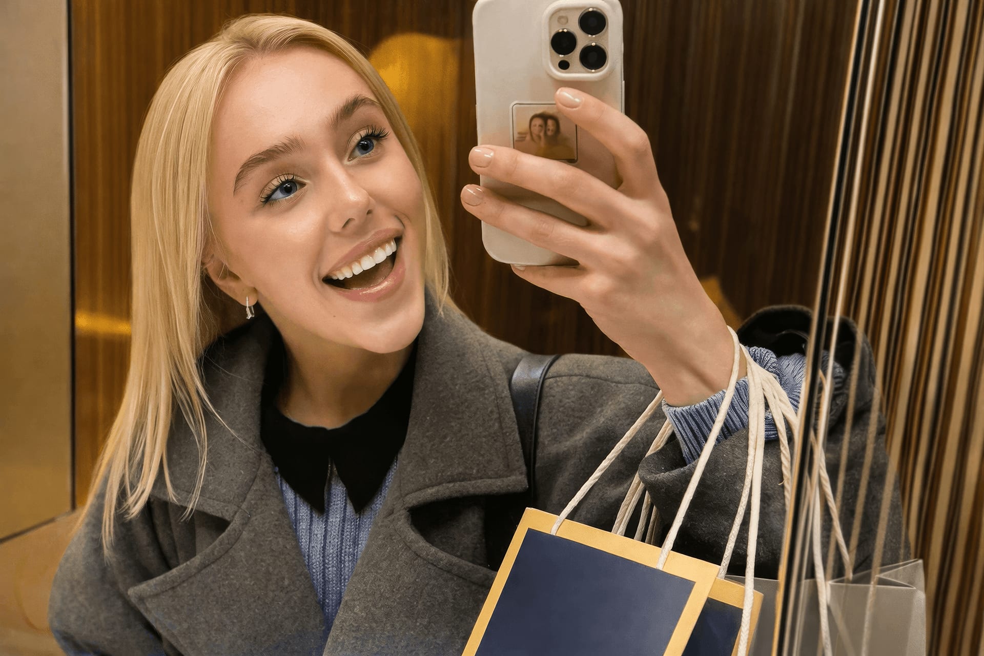 Smiling woman taking a mirror selfie in a warm-toned interior, holding shopping bags and wearing a coat, suggesting a casual shopping moment.