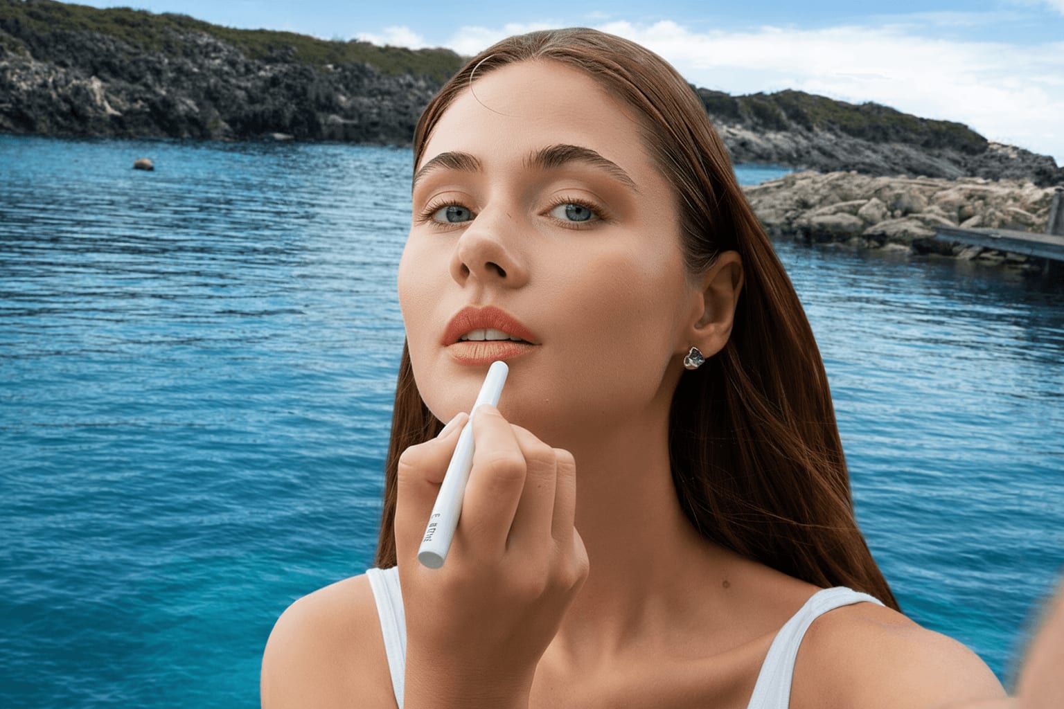 Woman outdoors by the water applying lip gloss with a wand, showcasing a natural makeup look with glowing skin and soft neutral tones.