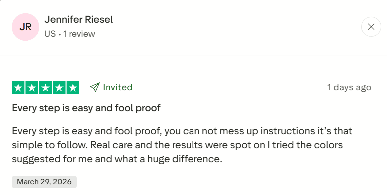 A 5-star EpicaBeauty review highlighting how easy and foolproof every step is, with excellent color recommendations that delivered great results.