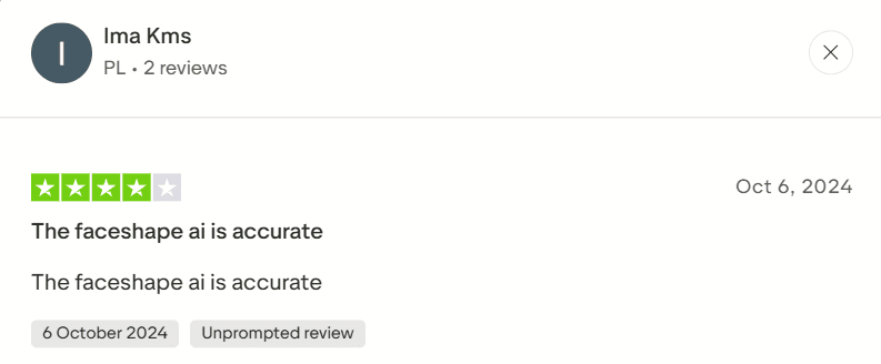A user review from Poland giving 4 stars and praising the accuracy of the face shape AI in the YouCam app.