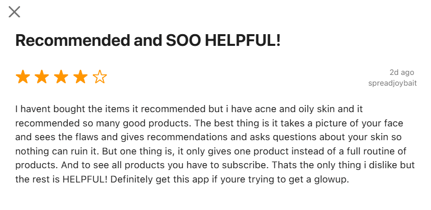A mostly positive 4-star review of the OnSkin app, highlighting how helpful it is for analyzing skin concerns from a face photo, with a note about needing a subscription for full recommendations.