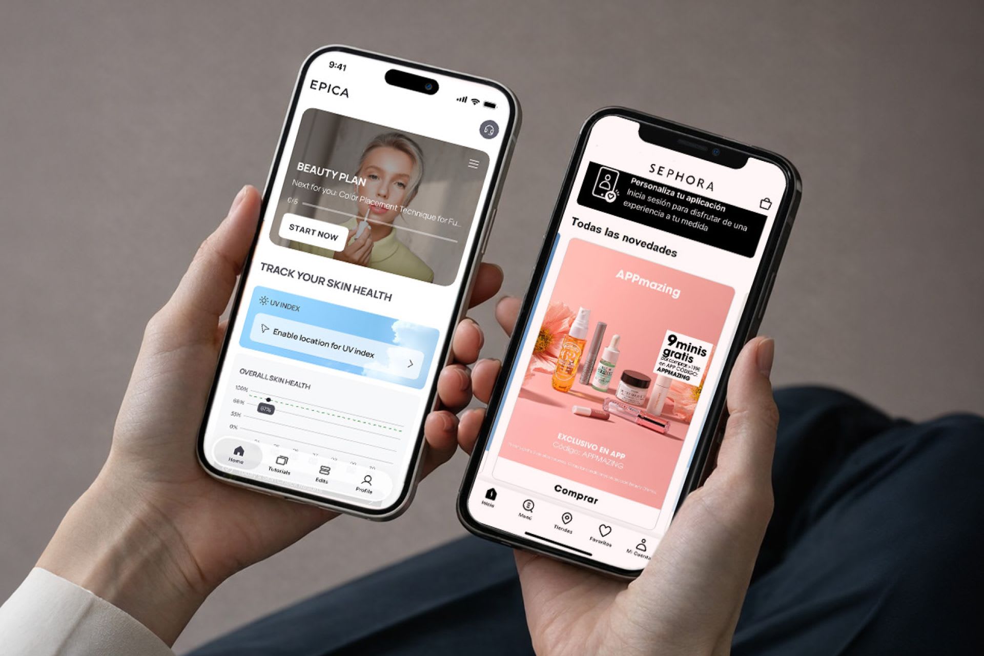 Two smartphones held in hands displaying beauty apps—EPICA and Sephora—alongside a sidebar of app icons, illustrating comparison between personalized beauty planning and product shopping experiences.