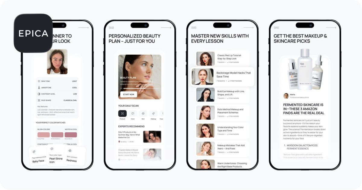 EPICA app interface showcasing personalized beauty plans, including face analysis results, curated lessons, and tailored skincare and makeup recommendations.