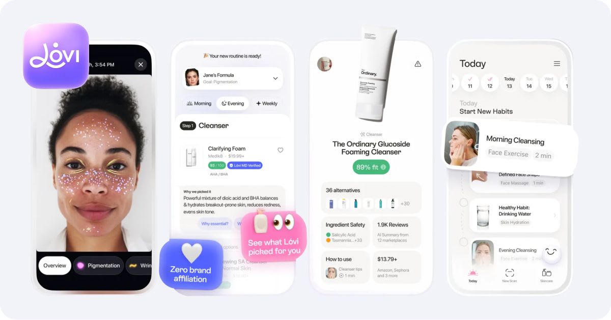 Lovi app interface highlighting AI-driven skincare routines, ingredient analysis, and personalized product matching.