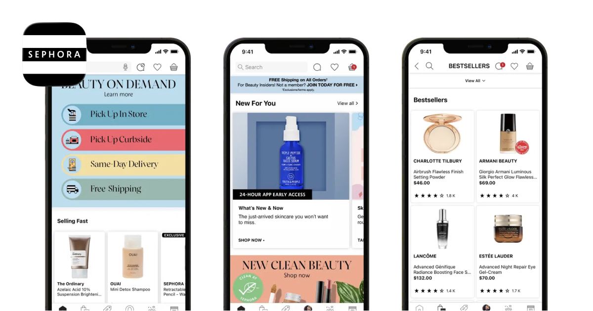 Sephora app interface displaying shopping features such as product discovery, bestsellers, and personalized recommendations.