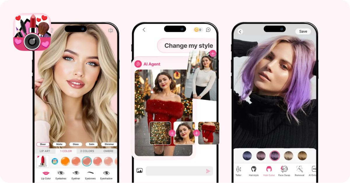 YouCam Makeup AI app interface demonstrating virtual try-on features, style adjustments, and personalized makeup and hair transformations.