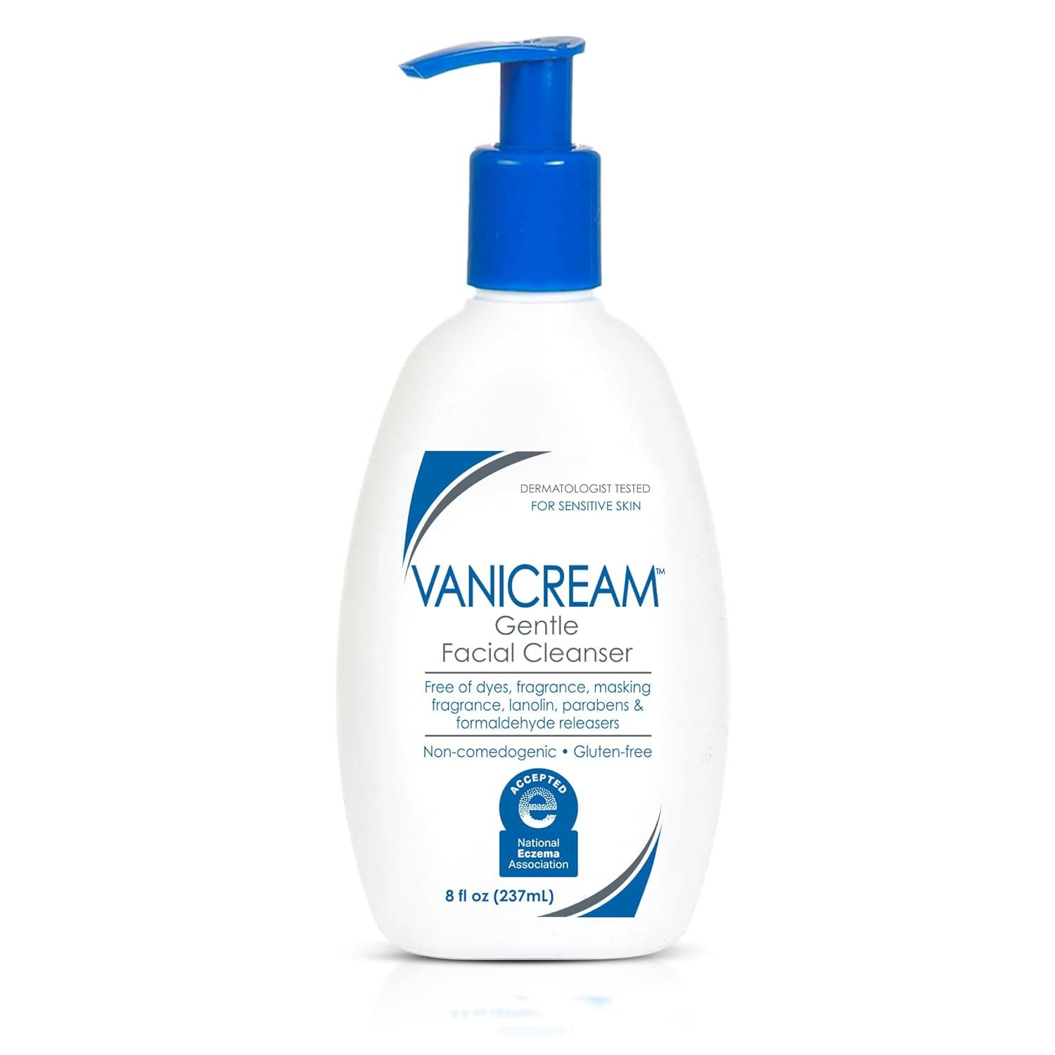 Vanicream Gentle Facial Cleanser, shown in a pump bottle, formulated for sensitive skin and free of common irritants to cleanse without stripping.