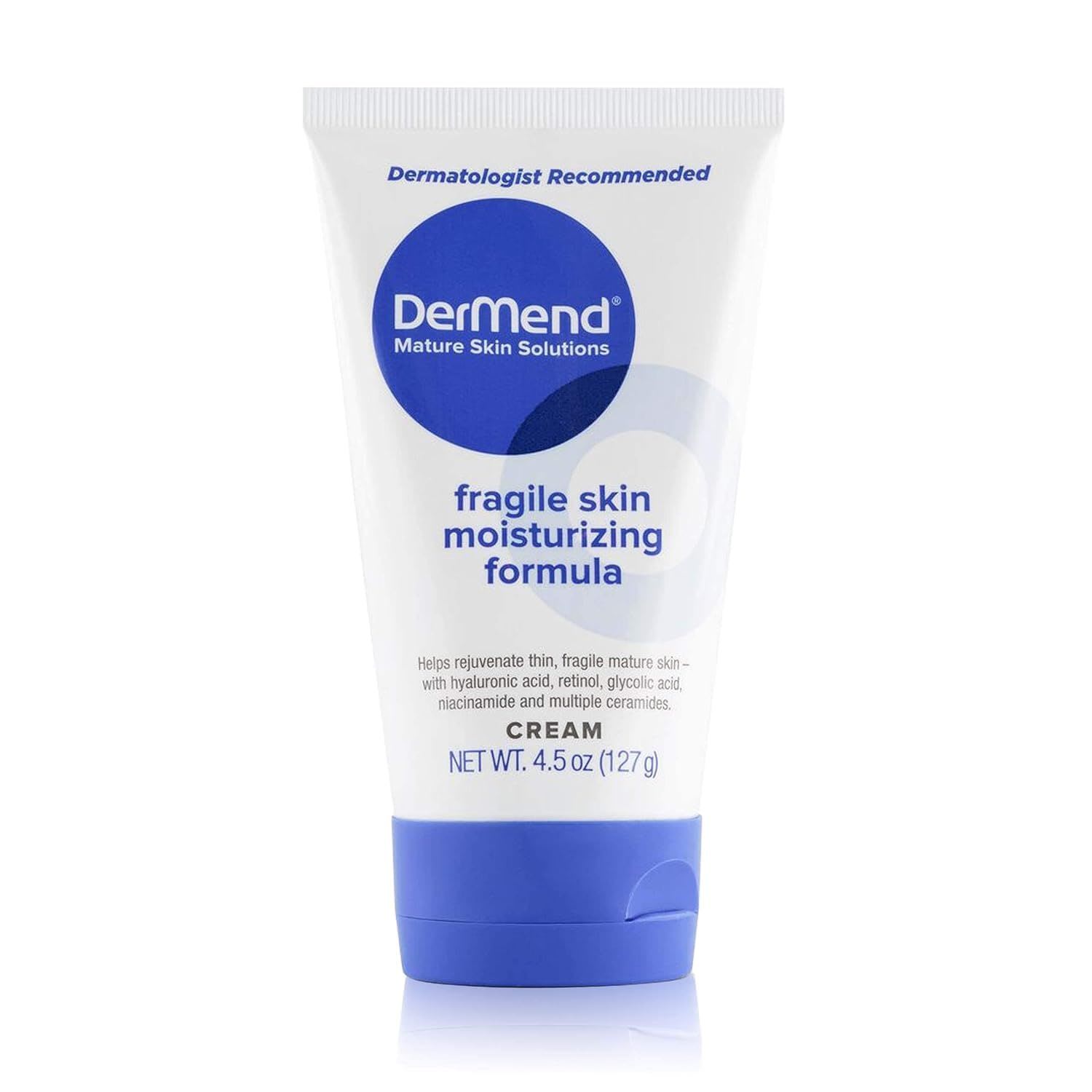 Dermend Fragile Skin Moisturizing Formula, shown in a tube, designed to hydrate and strengthen thin, delicate mature skin.