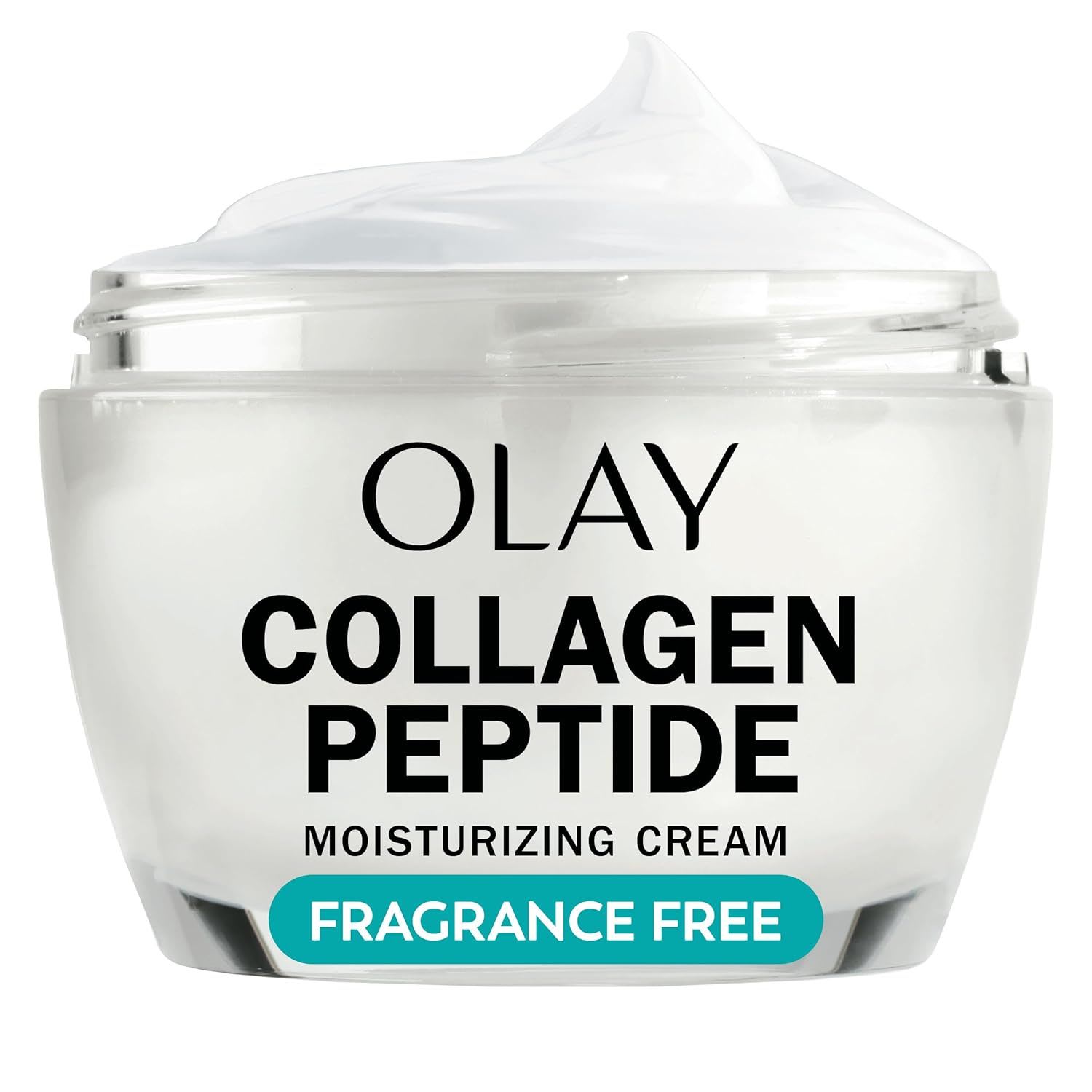 Olay Collagen Peptide Moisturizing Cream, shown in a jar, formulated to improve skin firmness and hydration with collagen-supporting ingredients.