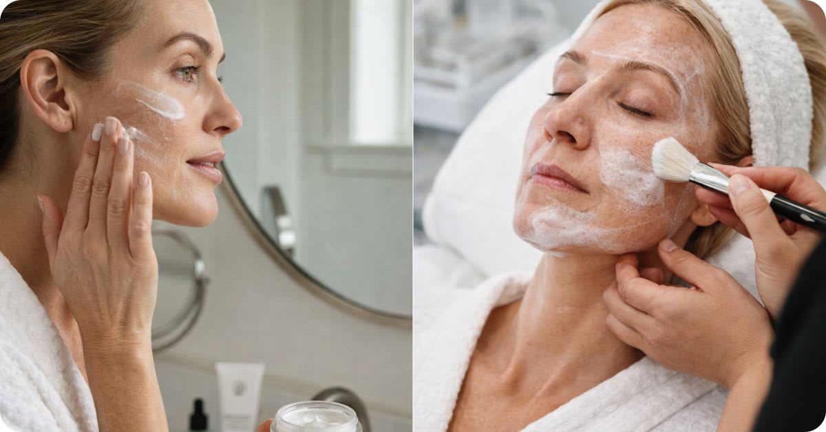 Woman applying skincare to her face in front of a mirror, demonstrating a daily facial routine.