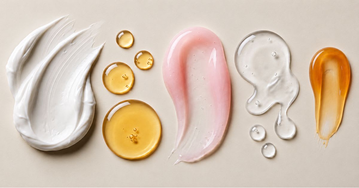 Skincare texture swatches showing cream, serum, moisturizer, gel, and facial oil on neutral background
