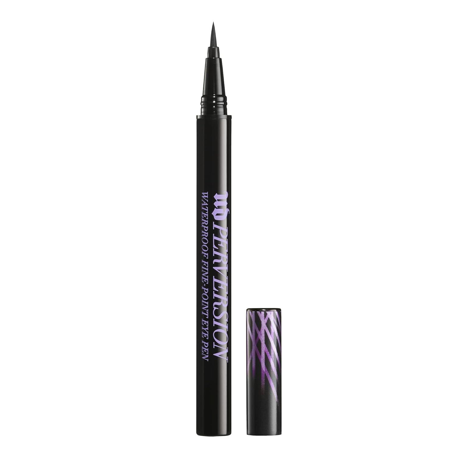 Black Urban Decay Perversion Waterproof Fine-Point Eye Pen with a fine felt tip and a cap featuring a purple linear pattern.