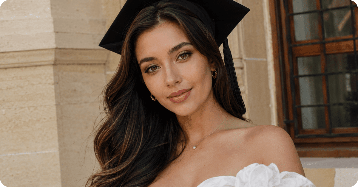 An outdoor medium shot of a smiling woman with long, wavy brown hair wearing a black graduation cap with a tassel. She is wearing a white off the shoulder dress, small gold hoop earrings, and a delicate pearl necklace. A stone building with a grid window is visible in the background.