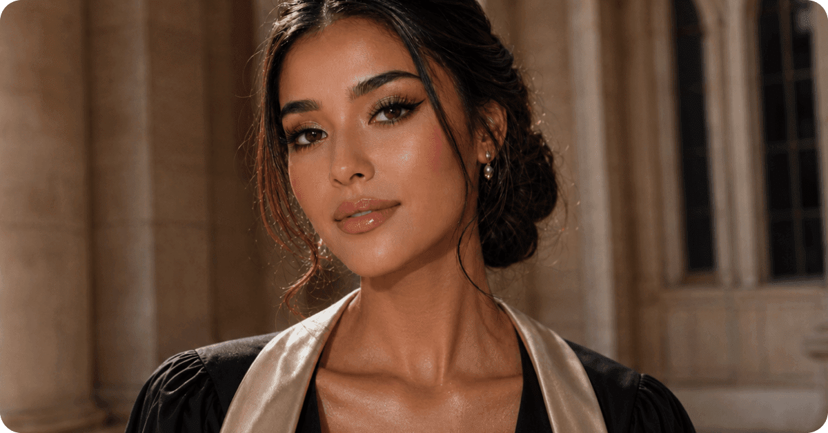 A portrait of a woman with her dark hair styled in a low bun with loose strands framing her face. She is looking at the camera, wearing a black graduation gown with a gold satin stole. Her makeup features defined winged eyeliner and glossy lips. An ancient stone building with tall windows forms a blurred background.