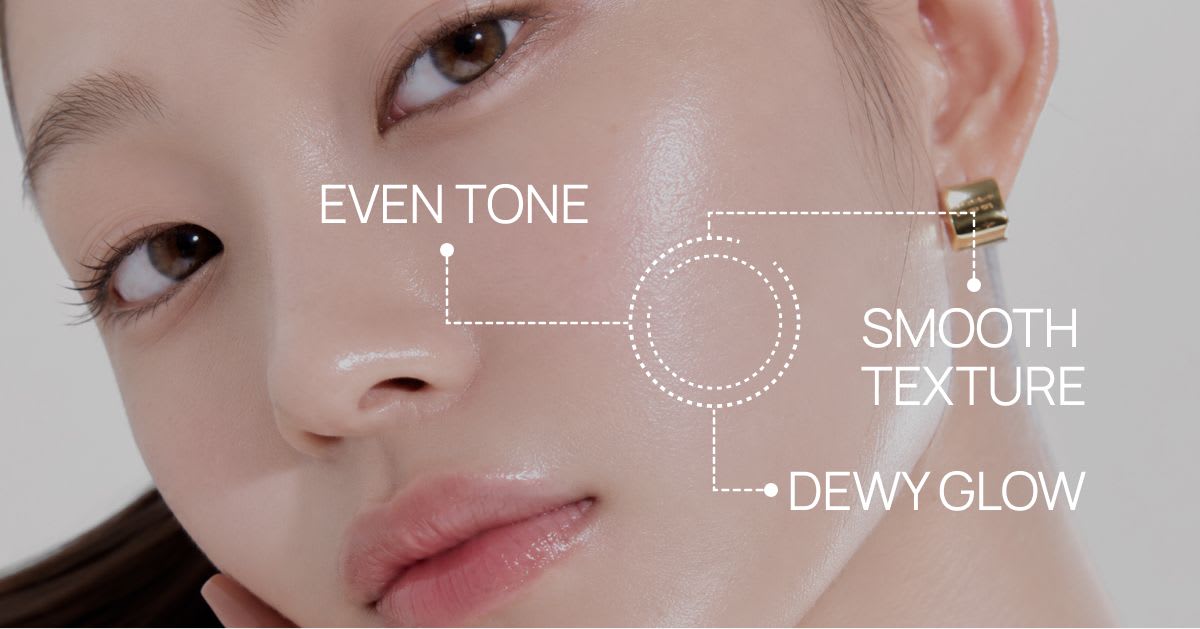 Macro close-up of a young Korean woman's flawless complexion with labeled callouts pointing to 
