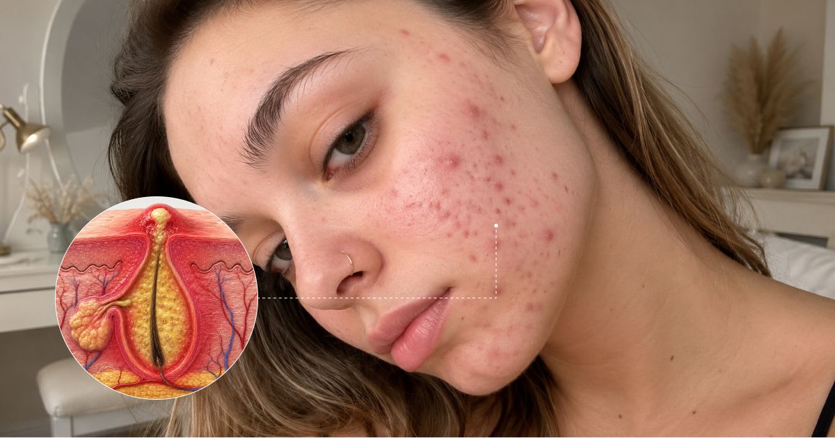 Close-up of a woman's face showing severe cystic acne — large, red, painful-looking lesions covering the cheek and temple area. An anatomical diagram overlay illustrates a cyst — a deep, pus-filled cavity beneath the skin surface.