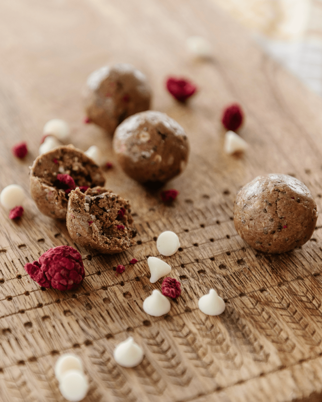 Low carb raspberry chocolate protein bites dozen