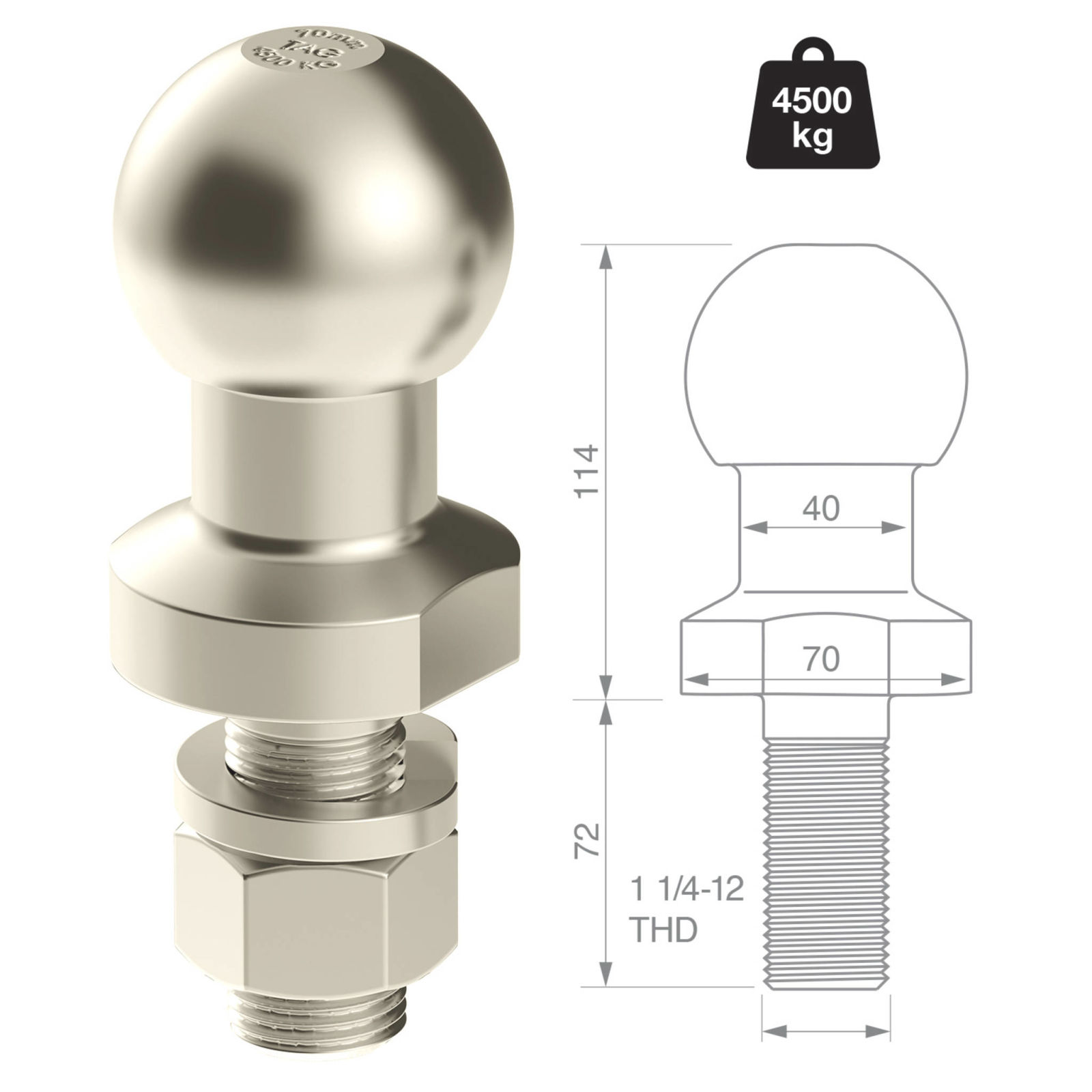 TAG Zinc Plated Tow Ball - 50mm, 3.5 tonne