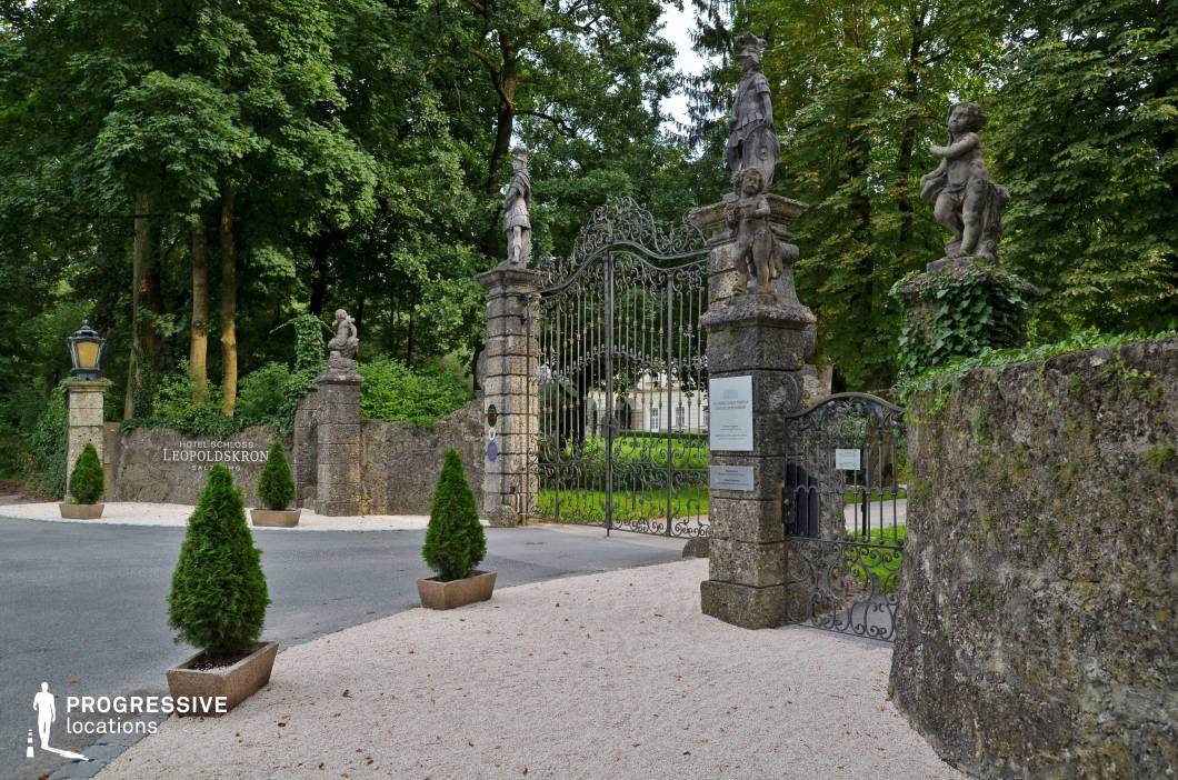 This grand entrance features an intricately designed wrought-iron gate flanked by weathered stone pillars adorned with classical statues and decorative reliefs. The aged stone walls, partially covered in climbing ivy, enhance the historical character of the scene. A gravel-lined driveway leads to the estate, framed by symmetrical landscaping and traditional lanterns that contribute to the refined ambiance. The lush greenery and towering trees create a secluded, exclusive atmosphere. This location is ideal for period dramas, mystery thrillers, or aristocratic settings, offering a visually rich backdrop for grand arrivals, secret meetings, or scenes evoking old-world elegance and intrigue.