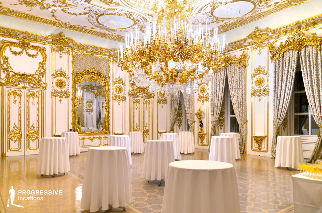 This opulent ballroom is a masterpiece of Baroque elegance, featuring intricate gold-leaf moldings, grand mirrors, and elaborately carved wall panels. A magnificent crystal chandelier dominates the ceiling, casting a warm glow over the polished parquet flooring. The high windows, framed by heavy floral-patterned drapes, add to the regal ambiance, while the symmetrical arrangement of decorative elements enhances the room’s grandeur. The combination of refined architecture and luxurious ornamentation makes this an ideal location for period dramas, royal court scenes, or high-society gatherings, offering a visually rich and historically authentic backdrop.