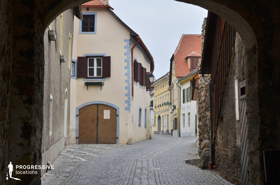 This image captures a narrow, gently curving cobblestone street enclosed by traditional European architecture, framed by a dark archway that adds depth and contrast to the composition. The buildings on either side vary in texture and color: from smooth pastel facades with painted window frames and wooden shutters to rough stone walls and tiled roofs in rich terracotta. The street's curvature leads the eye naturally toward the background, where similarly styled structures extend the historic continuity of the scene. Architectural features such as arched wooden doors, small balconies, and uniform window proportions suggest a preserved old-town atmosphere with Baroque and vernacular influences. The spatial layout is intimate, with tight proportions that enhance the enclosed, timeless charm of the setting. This location is ideal for filming period dramas, European townscapes, or scenes requiring a quaint, atmospheric alleyway with strong visual character and architectural authenticity.
