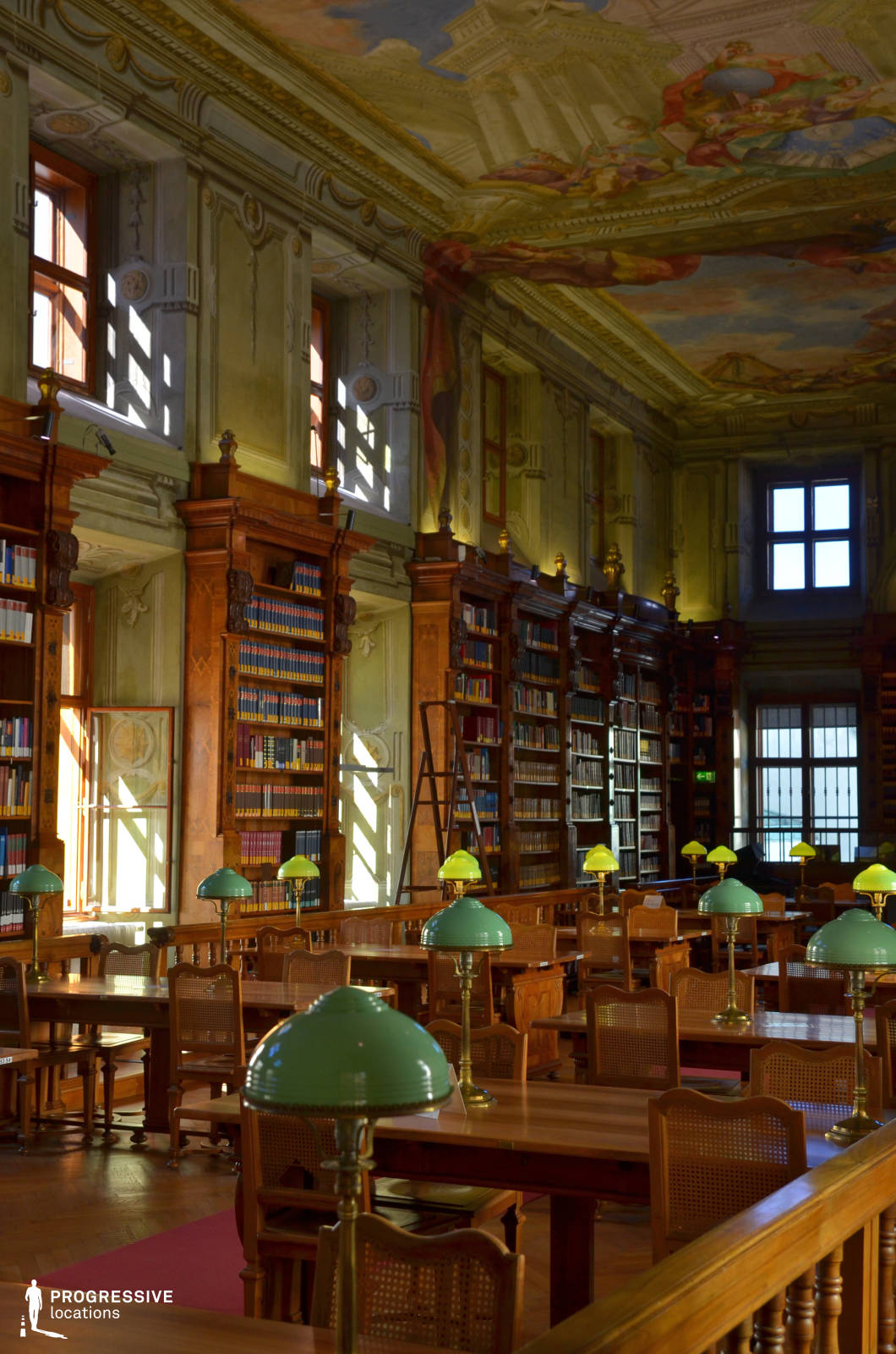 This opulent library hall exudes a classic and sophisticated atmosphere, featuring high ceilings adorned with intricate frescoes depicting allegorical scenes in rich, warm tones. The walls are lined with towering wooden bookshelves filled with meticulously arranged volumes, their dark wood complemented by ornate gold detailing. Large windows allow natural light to filter in, casting geometric shadows on the pastel green and cream-colored walls, enhancing the sense of depth and grandeur. Rows of solid wooden tables, equipped with vintage green-shaded brass lamps, contribute to the stately, scholarly ambiance. The parquet flooring and intricately carved chair backs further emphasize the historical elegance of the space. This location is ideal for filming period dramas, historical documentaries, or scenes requiring a setting of intellectual refinement, mystery, or quiet contemplation.