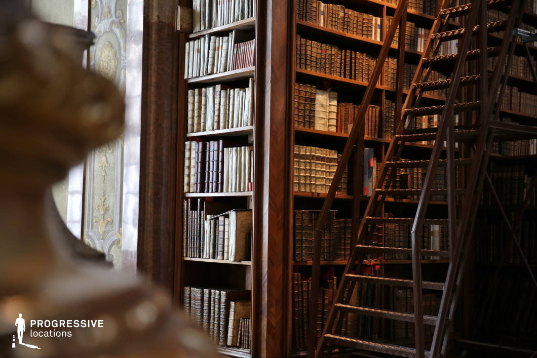 This detailed view of a historic library showcases towering wooden bookshelves filled with aged, leather-bound volumes, some with elaborate gilded spines. A sturdy wooden ladder with metal reinforcements provides access to the upper levels, emphasizing the scale and grandeur of the collection. The surrounding architecture features intricate wood paneling and delicate ornamental details on the walls, adding to the refined and scholarly atmosphere. The warm tones of the wood contrast with the parchment-colored book bindings, creating a visually rich and immersive setting. This location is ideal for filming scenes set in academic, historical, or mystery genres, serving as an evocative backdrop for research sequences, secret discoveries, or period dramas.