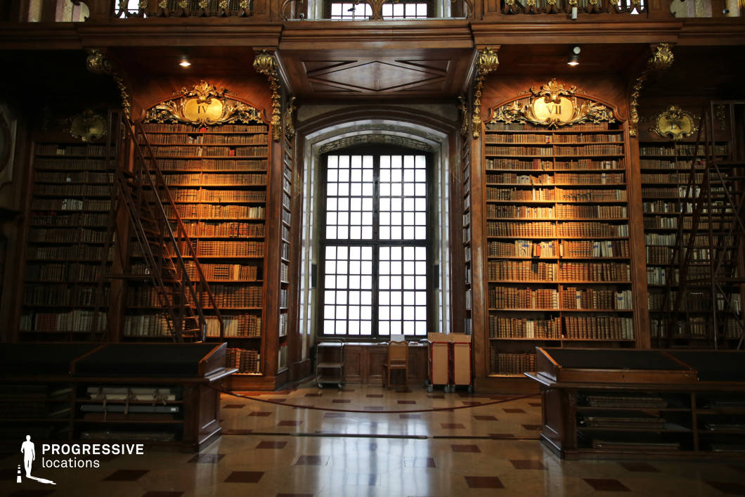 This opulent library features towering wooden bookshelves adorned with gold embellishments, creating an atmosphere of grandeur and intellectual prestige. The symmetrical design is anchored by a large, grid-paned window that allows diffused light to illuminate the intricate woodwork and meticulously arranged books. Ornate carvings and gilded details add a baroque or neoclassical touch, enhancing the sense of history and refinement. The polished floor, inlaid with geometric patterns, reflects the room's warm lighting, further amplifying its stately ambiance. Ideal for period dramas, mystery thrillers, or academic settings, this location provides an authentic backdrop for scenes involving intellectual discovery, secretive research, or historical intrigue.