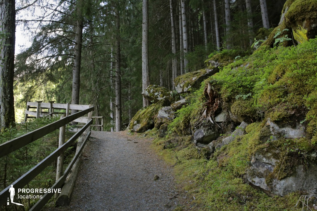 This forest trail winds along a rugged hillside flanked by towering evergreens and striking, moss-covered rock outcrops. The gentle incline of the gravel path and the rustic wooden railing add a sense of direction and movement through the frame, while the textured rock face creates a dynamic, earthy backdrop. The composition is enriched by the interplay of shadow and dappled light filtering through the dense canopy above. This location is ideal for filming suspenseful or reflective walk-and-talk scenes, introspective sequences, fantasy or adventure narratives, and nature-themed productions seeking a secluded, cinematic woodland setting.