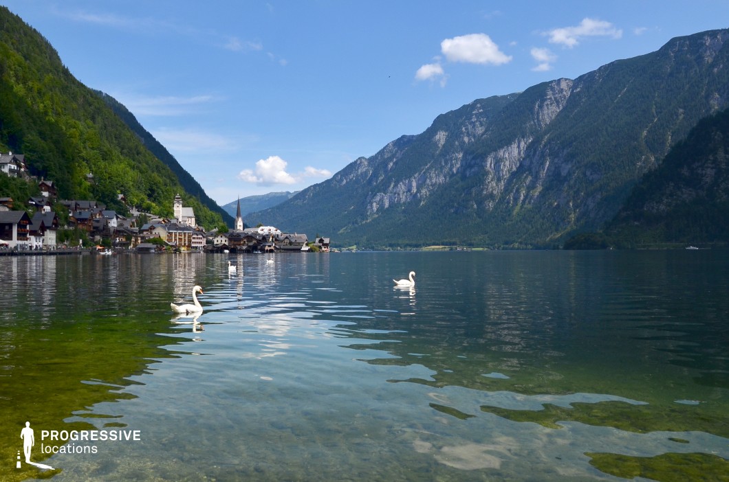 This serene alpine location features a picturesque lakeside village nestled between steep, forested cliffs and a crystal-clear lake. Traditional rooftops, a prominent church spire, and gently sloping shorelines give the setting a timeless, storybook charm. Framed by towering mountain walls and reflective water, it’s an ideal filming spot for romantic dramas, fantasy tales, or European period pieces, especially for scenes involving peaceful village life, scenic arrivals by boat, or contemplative moments at the water's edge.